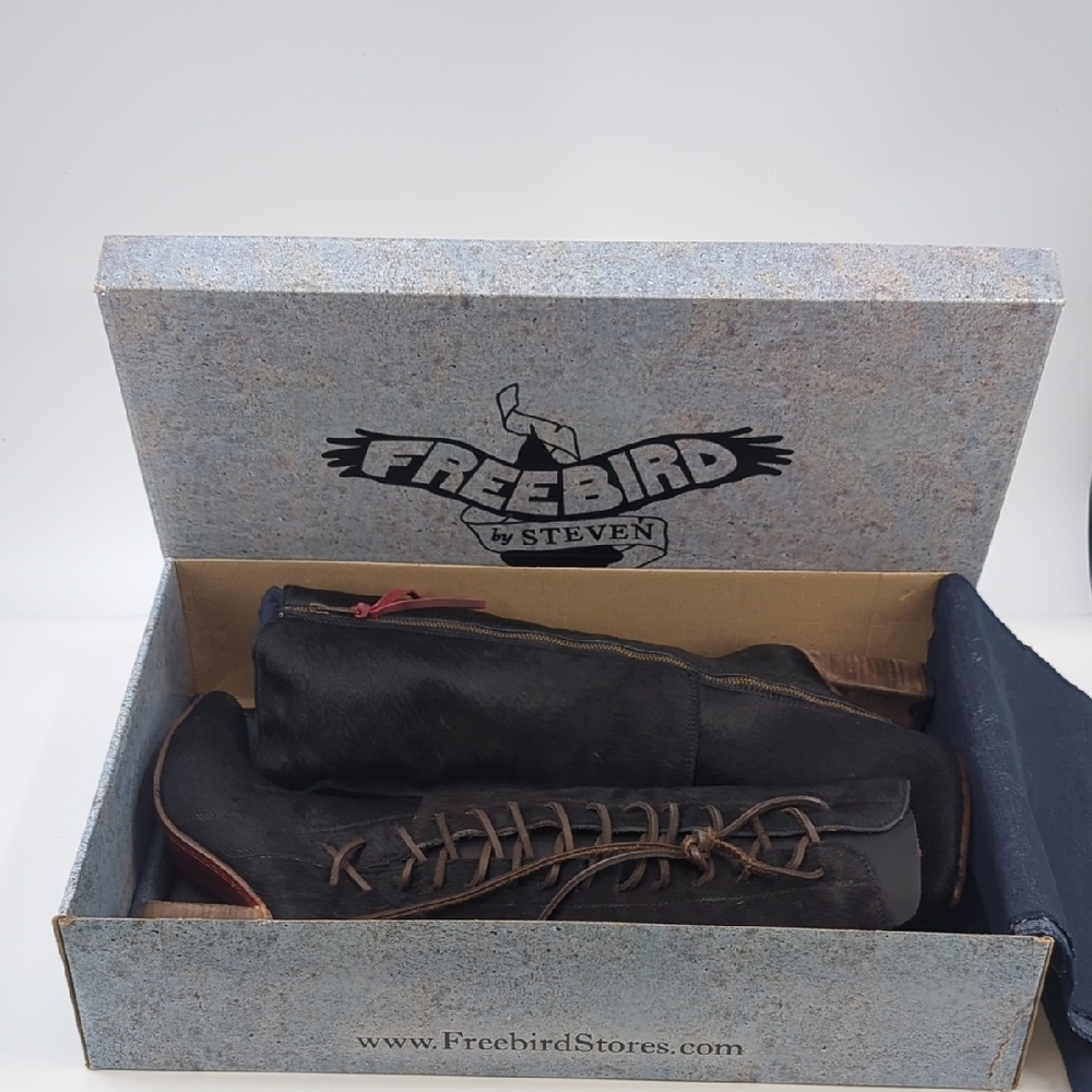 FREEBIRD *NIB* Joaquin Boots in Black Calf Hair Lacing Detail Flared Heel Sz 7 - Picture 4 of 11